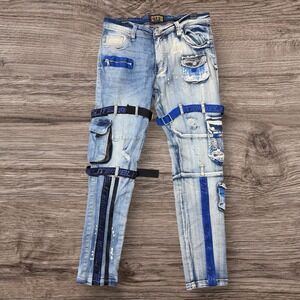 Elite Premium Denim Light Blue Distressed Cargo Strap Jeans 36x32